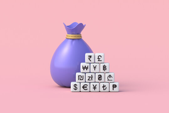 International finance concept. Diversified investment portfolio. Global capital. Currency wealth. Money bag with diverse currency symbols. 3d render