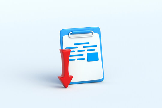 Negative business statistics report. Budget deficit auditing. Margin drop assessment. Clipboard with document beside red arrow pointing down. 3d render