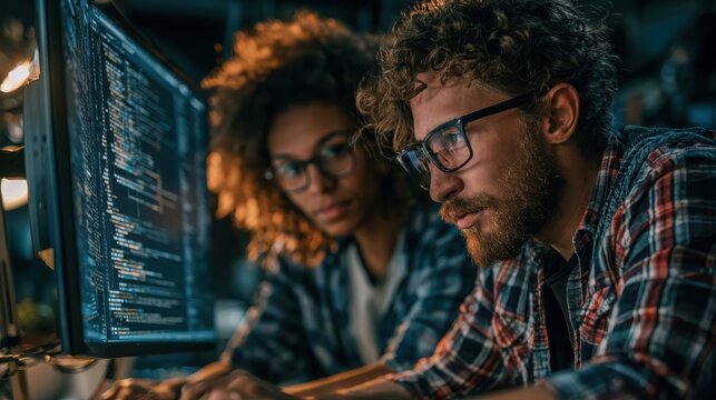 Two software engineers (diverse) discussing complex code structure on a vertical monitor, intensive, specialized, technical discussion, minimalist office, soft light