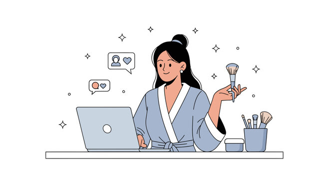 Woman blogger doing makeup tutorial online, social media interaction and beauty content creation on laptop