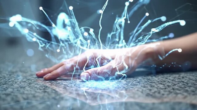 A neutral-toned hand hovers over a dark desktop as luminous digital particles ascend and expand into a glowing geometric network against a bokeh background, concept of data innovation and emerging