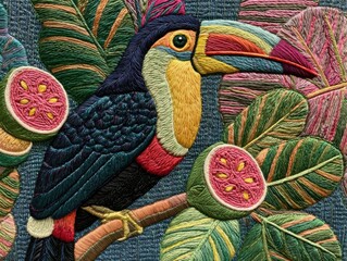 Obraz premium Vibrant Embroidered Toucan Tropical Scene with Exotic Fruits and Leaves