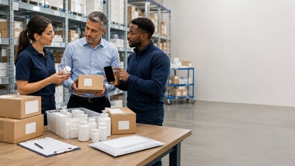 Warehouse staff reviewing packaged products and inventory