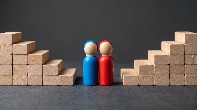 Two wooden figurines standing back to back between two uneven wooden block staircases on a dark gray surface with a dark background, symbolizing partnership and inequality in a minimalist ar