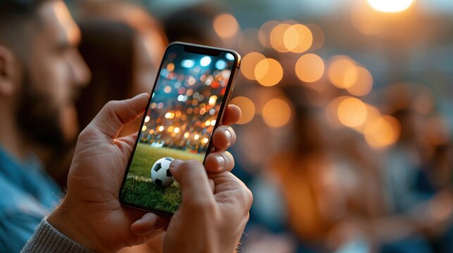 Sports Betting on Mobile: A person's hands hold a smartphone displaying a vibrant football match, capturing the excitement of modern sports engagement.