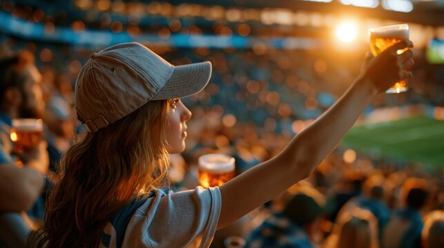 Fan with Beer at Stadium: A young woman in a baseball cap raises a glass of beer, cheering with a crowd of spectators at a sporting event, bathed in the warm light of the setting sun.