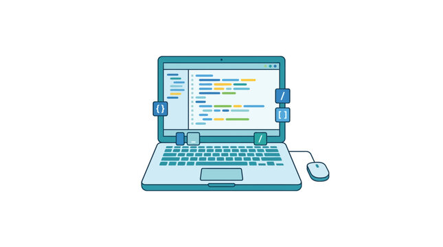 Laptop with code on screen, programming, software development, coding concept illustration