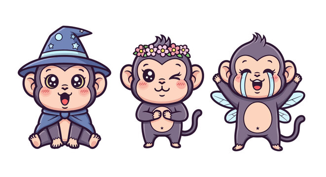Three Cute Cartoon Monkeys in Costumes.