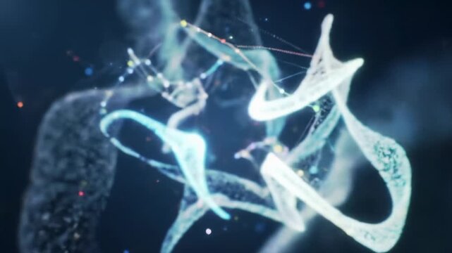 Mesmerizing CGI video: glowing digital particles and fluid lines dynamically reconfiguring into complex abstract patterns on a cosmic gradient void with bokeh, highlighting active data flow and