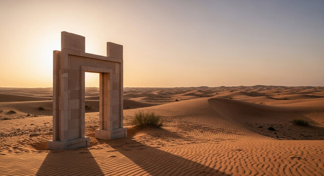 Ancient stone portal stands in vast, rippling sand dunes at sunset, casting long shadows, symbolizing mystery and timeless passage.