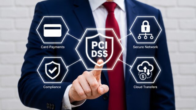 A business professional interacts with digital icons related to payment security, including PCI DSS, compliance, and secure network.