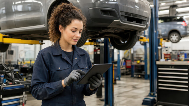 Auto mechanic using tablet in vehicle repair workshop
