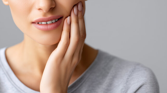 Woman with tooth pain holding cheek, close-up oral health and dental emergency concept, sensitive teeth, gum discomfort, jaw pain, dentist consultation and healthcare treatment, cl