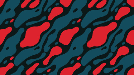 Seamless pattern featuring abstract organic red and dark teal liquid shapes on a dark background © MD