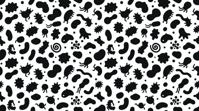 Seamless pattern of various microscopic bacteria and virus shapes in black on a white background, for biological science