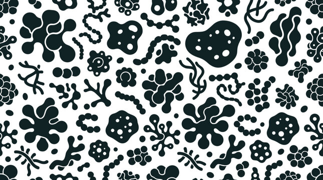 Seamless pattern of diverse biological microorganisms and bacteria colonies in black on a white background, for science