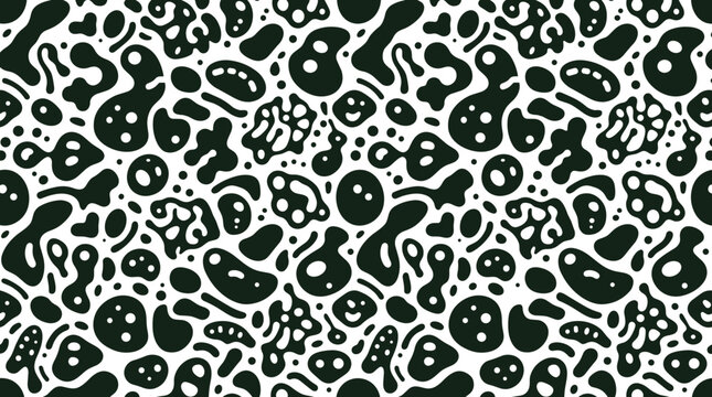 Seamless pattern of organic amoeba shapes and irregular blobs in dark green on a white background, for nature inspired