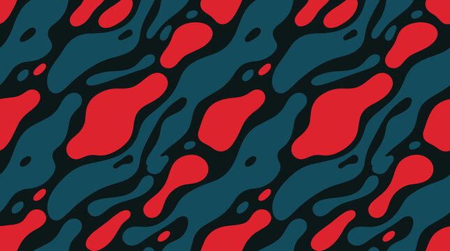 Seamless pattern featuring abstract organic red and dark teal liquid shapes on a dark background