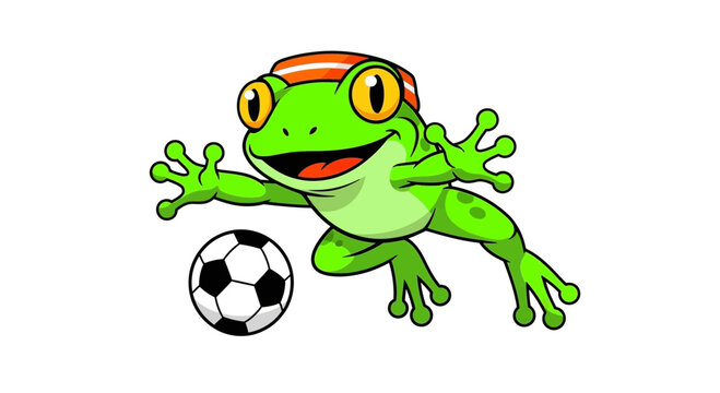 Green frog playing soccer ball.