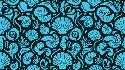 Fototapeta premium Seamless pattern featuring teal sea shells and coral silhouettes arranged on a dark navy blue background, for nautical themed projects