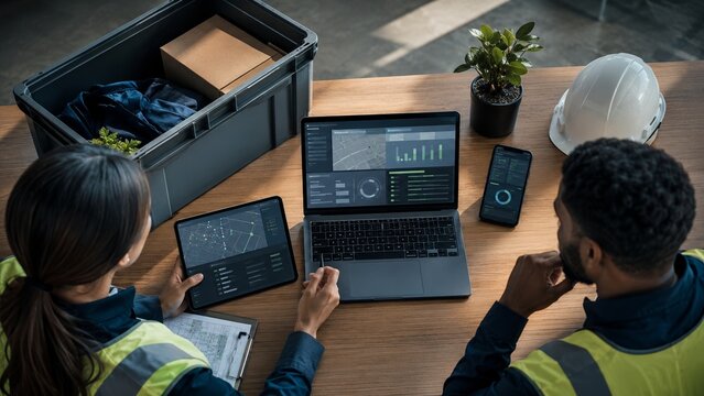 Workers reviewing logistics data on laptop tablet and phone