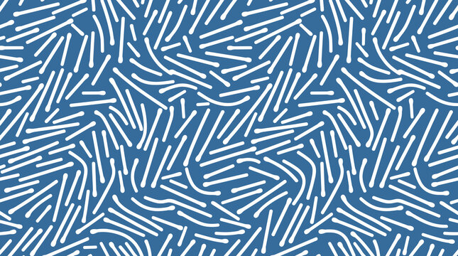 Seamless pattern featuring white rounded line segments arranged in a random chaotic orientation against a solid medium blue background