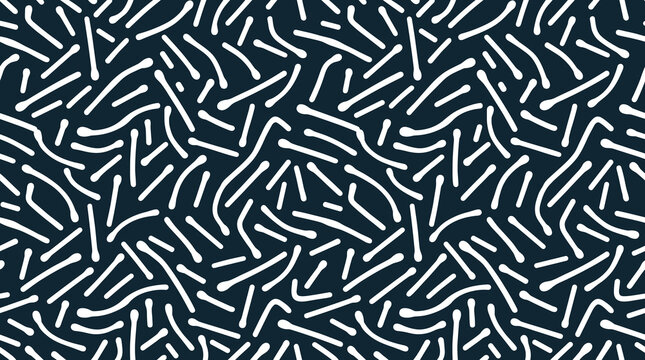 Seamless pattern featuring white rounded line segments arranged in a random chaotic orientation against a solid dark navy blue background