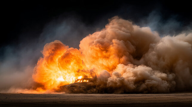 Desert vehicle explosion with massive dust cloud and orange fireball, dramatic action scene in dry landscape, military conflict concept, emergency disaster, burning wreck, smoke pl