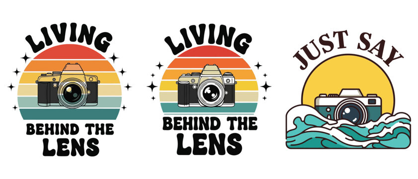 Set of vintage photography tshirt designs with camera illustrations, retro sunset, and ocean waves, isolated on white background vector t shirt