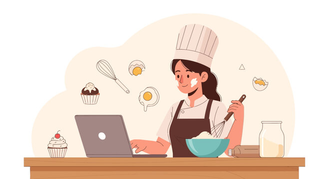 Baker using laptop for online recipe, whisking batter in bowl with ingredients like eggs, cupcakes, and milk floating around
