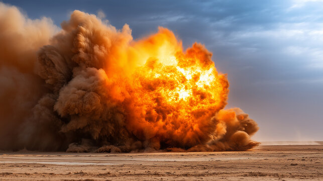 Desert vehicle explosion with massive dust cloud and orange fireball, dramatic action scene in dry landscape, military conflict concept, emergency disaster, burning wreck, smoke pl