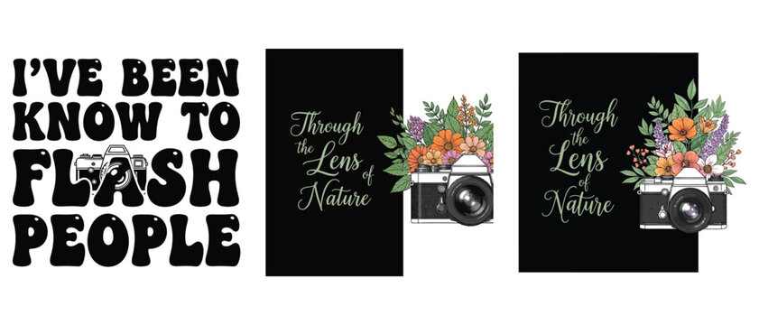 Set of photography themed tshirt designs with vintage cameras, floral arrangements, and typography quotes vector t shirt