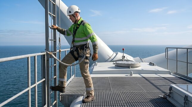 Wind Engineer Stepping Onto Turbine Platform Safely