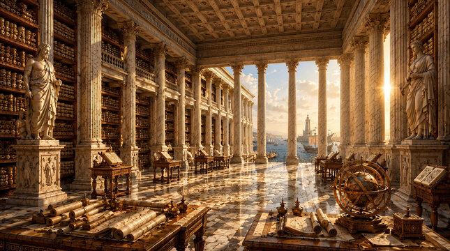 Interior AI image of The Lost Library Alexandria Egypt - Hellenistic Era.