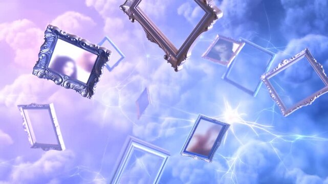3D Floating Picture Frames Drifting Through Dreamy Clouds With Glowing Lines For Memory Concepts