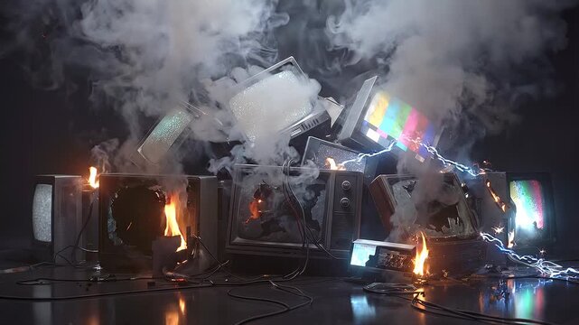 Vintage television sets burning and emitting thick smoke in dark studio. Pile of broken electronic waste with flickering screens and electrical sparks. Lockdown shot.
