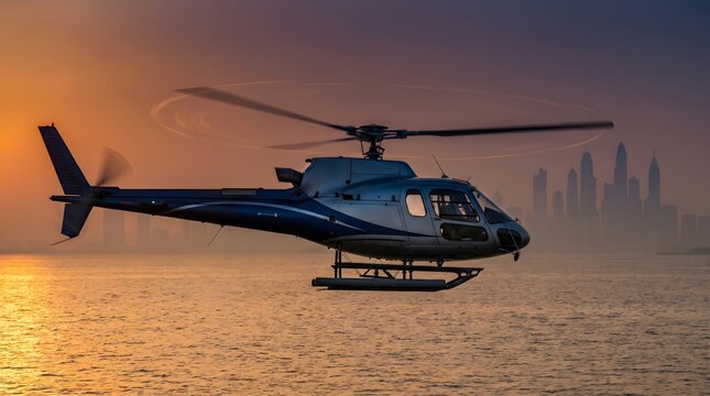 Air transport helicopter above water surface for premium tour service and charter promotion