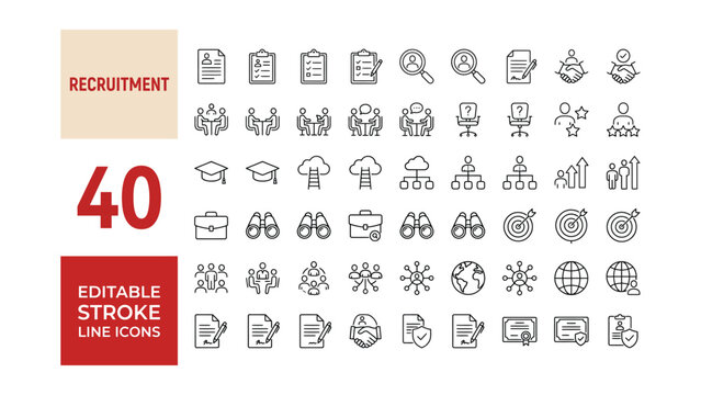 Recruitment icon set. Editable line icons. Vector illustration.	
