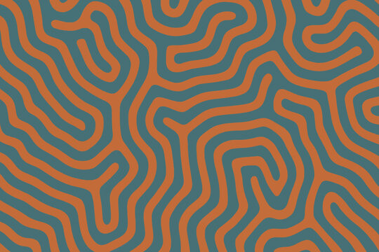 Minimalist abstract turing pattern featuring terracotta orange maze lines on muted blue