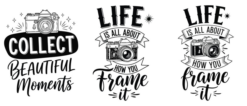 Set of vintage camera typography tshirt designs with motivational quotes about photography, isolated on white background vector t shirt