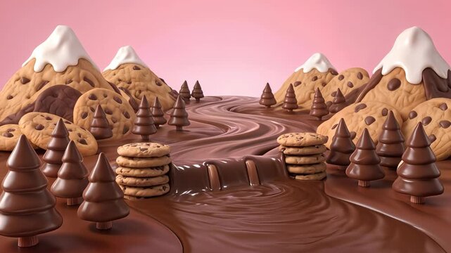 Surreal landscape featuring chocolate river and cookie mountains. Fantasy world with dessert-themed environment and liquid chocolate waterfall. Lockdown shot.