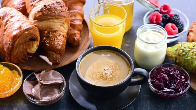 Italian breakfast served with croissants, orange juice, coffee and sweet extrass.