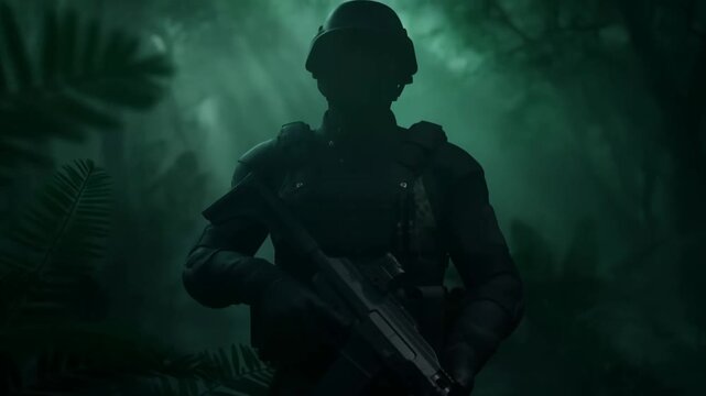Tracking shot of soldier patrolling through dense jungle holding rifle in low green foggy light with backlit silhouette and misty undergrowth