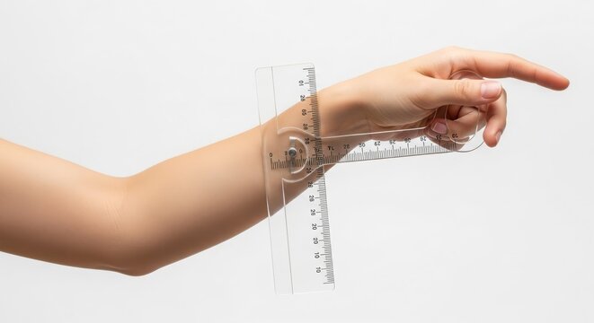 Clear plastic goniometer measures arm joint range of motion on human limb