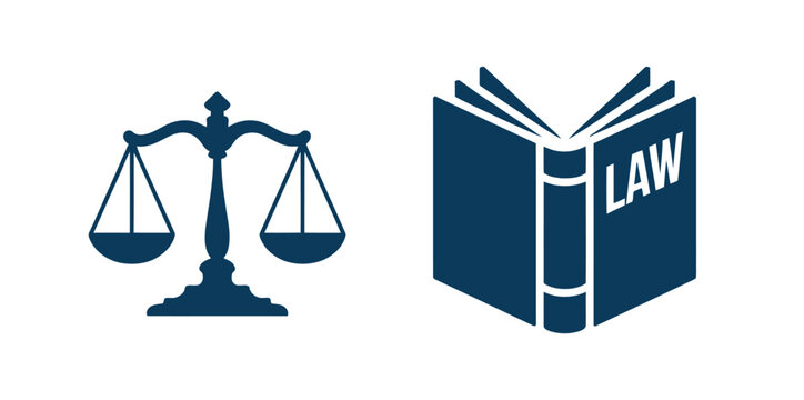 legal symbols icon set, gavel scales of justice law book and handcuffs, court and judicial system concept, law enforcement and legal services, clean vector illustration on transparent background.