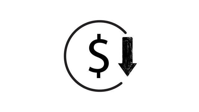 Financial cost reduction animation, minimalist dollar sign, and arrow down icon on a white background