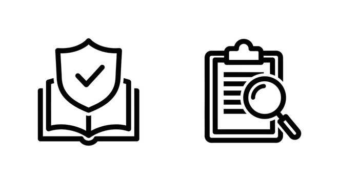 Ethics compliance and policy check business icons with compliance guidelines governance standards regulation business clipboard magnifying research verified validation integrity