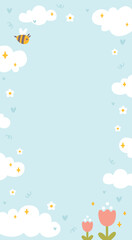 Naklejka premium Sky vertical background vector with cartoon clouds. Cute blue template with funny bee and tulip flowers for kids phone wallpaper, modern childish notebook cover, baby stories layout.