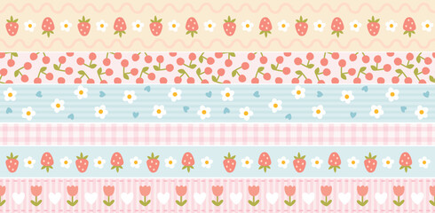 Strawberry and cherry seamless pattern vector background. Cute horizontal berry striped ornament with tulip flowers and plaid ribbons for scrapbooking paper, kawaii textile design. © Svitlana Kharchuk