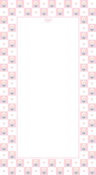 Daisy vertical background vector for social media stories. Cute pink checkered frame template with hearts, flowers and flirty bow for phone wallpaper, modern notebook cover design.